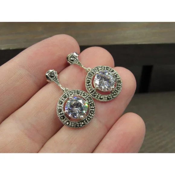 Sterling Silver Round CZ And Marcasite Accent Dangle Earrings Vintage Wedding - Picture 2 of 6